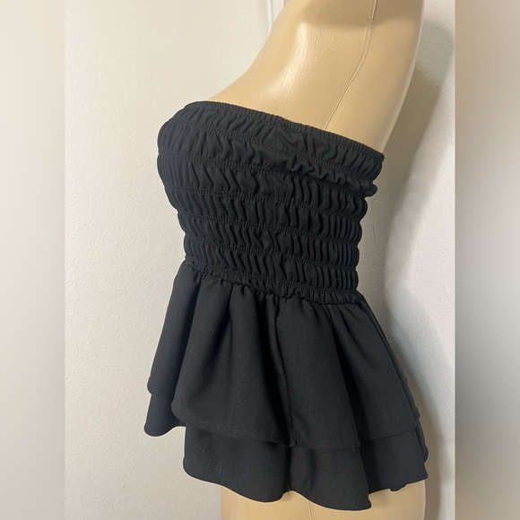 Zara Black Strapless Smocked Peplum Top | Bandeau Tiered Ruffle Tube Top | Med - Picture 2 of 5